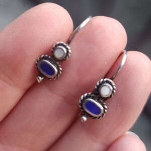 Handmade Sterling Silver 925 Vintage Lapis And Mother Of Pearl Dainty Earrings
